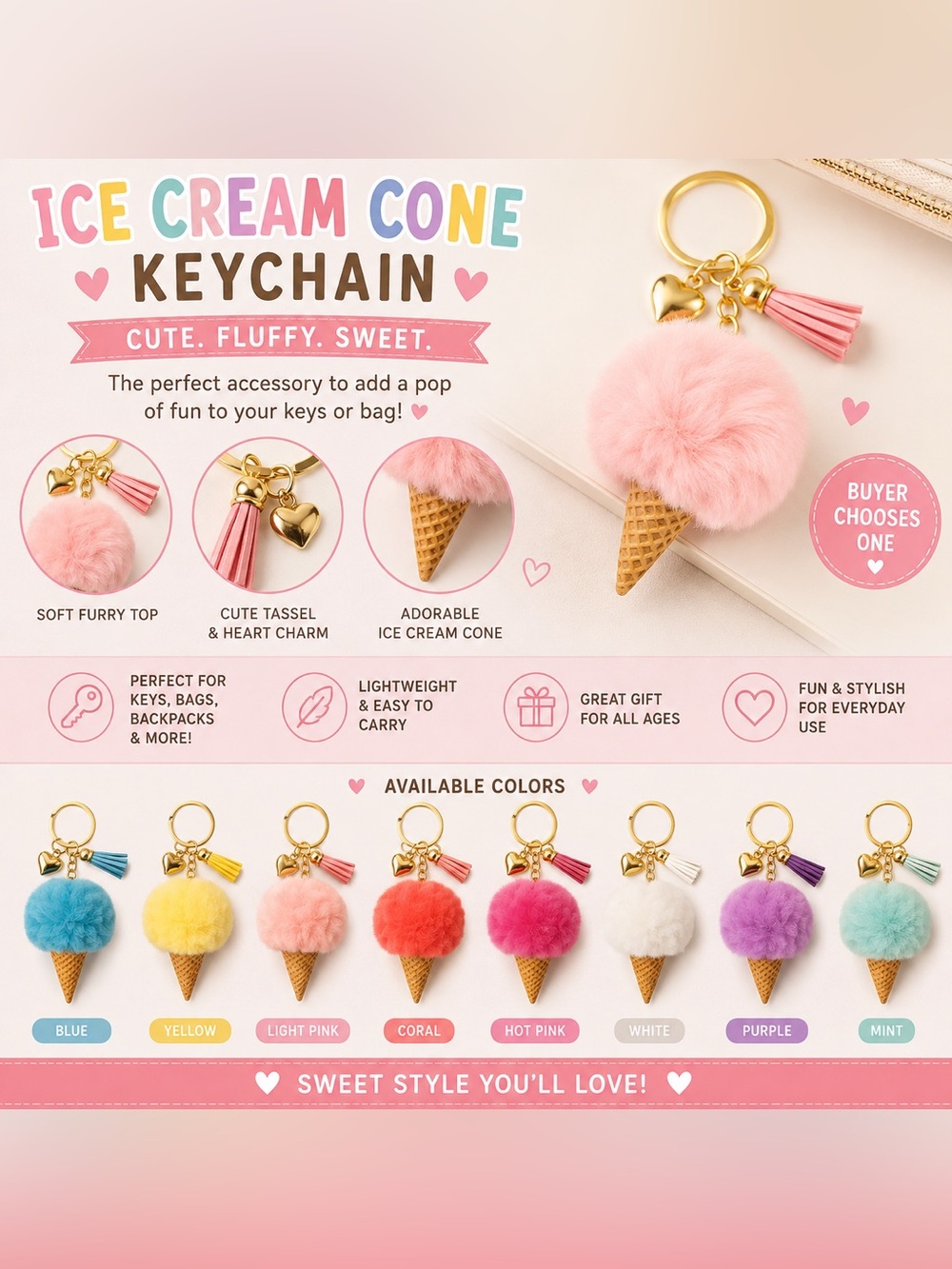 Ice Cream Cone Keychain - CHOOSE ONE - Brand New